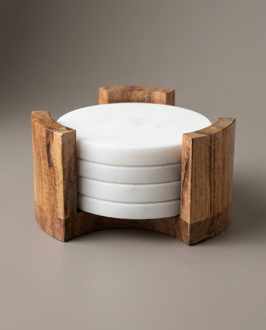 White Coaster Set Wooden Stand