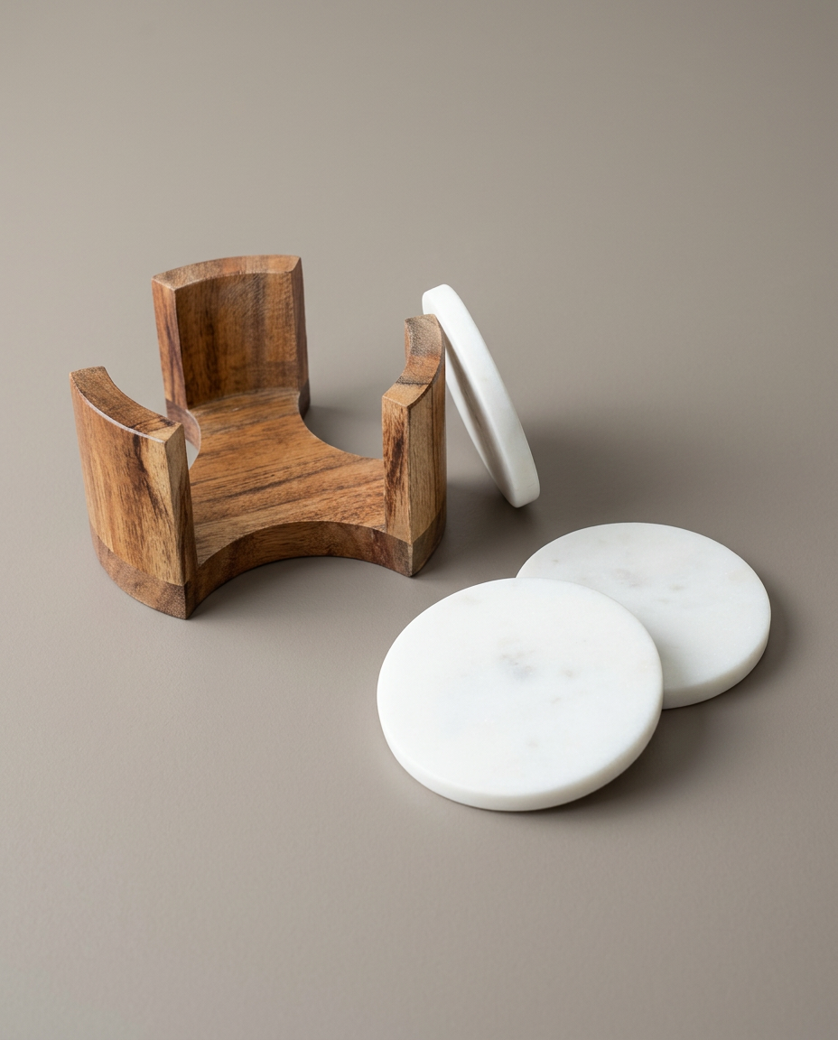 White Coaster Set Wooden Stand
