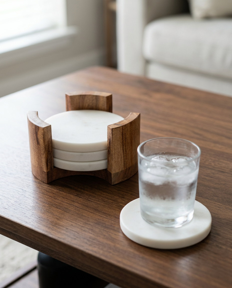 White Coaster Set Wooden Stand