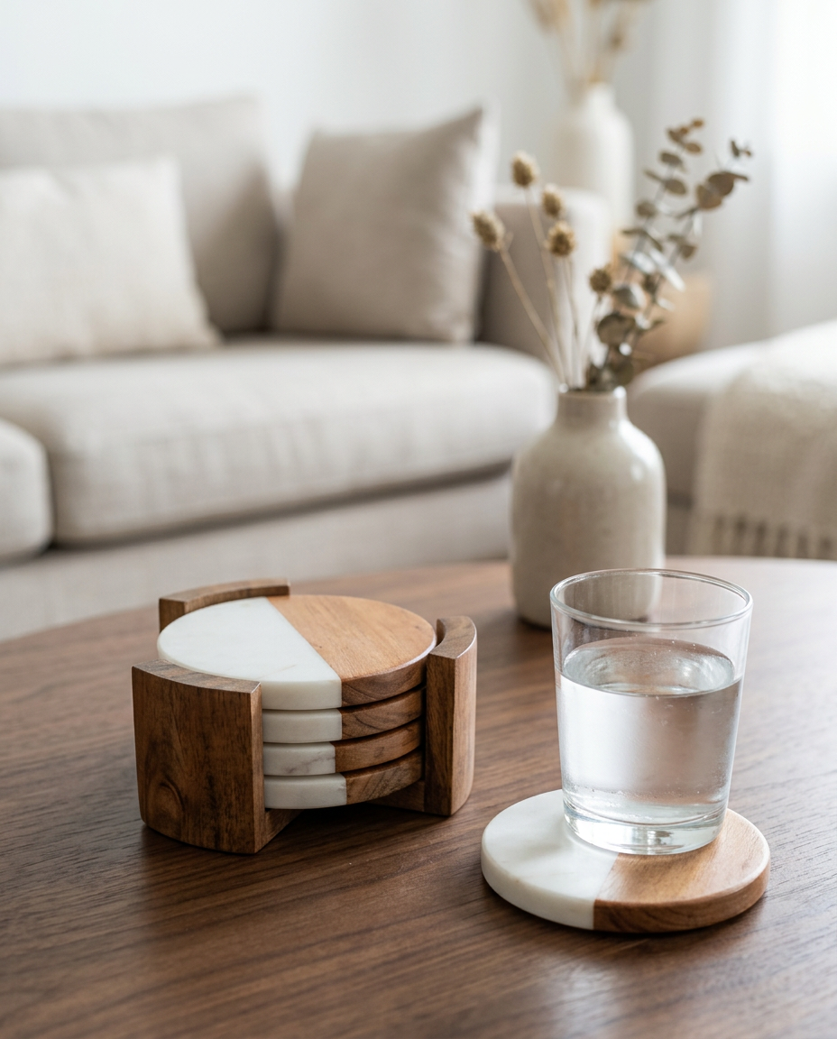 Wooden-Marble Coaster Set